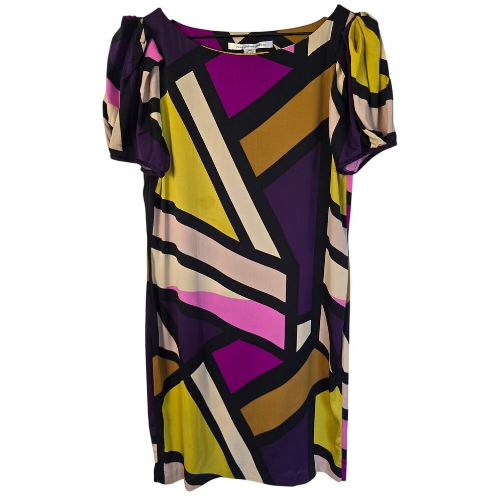 Diane von Furstenberg Silk Blend Colorblock Sheath Dress Geometric Print Size 8
